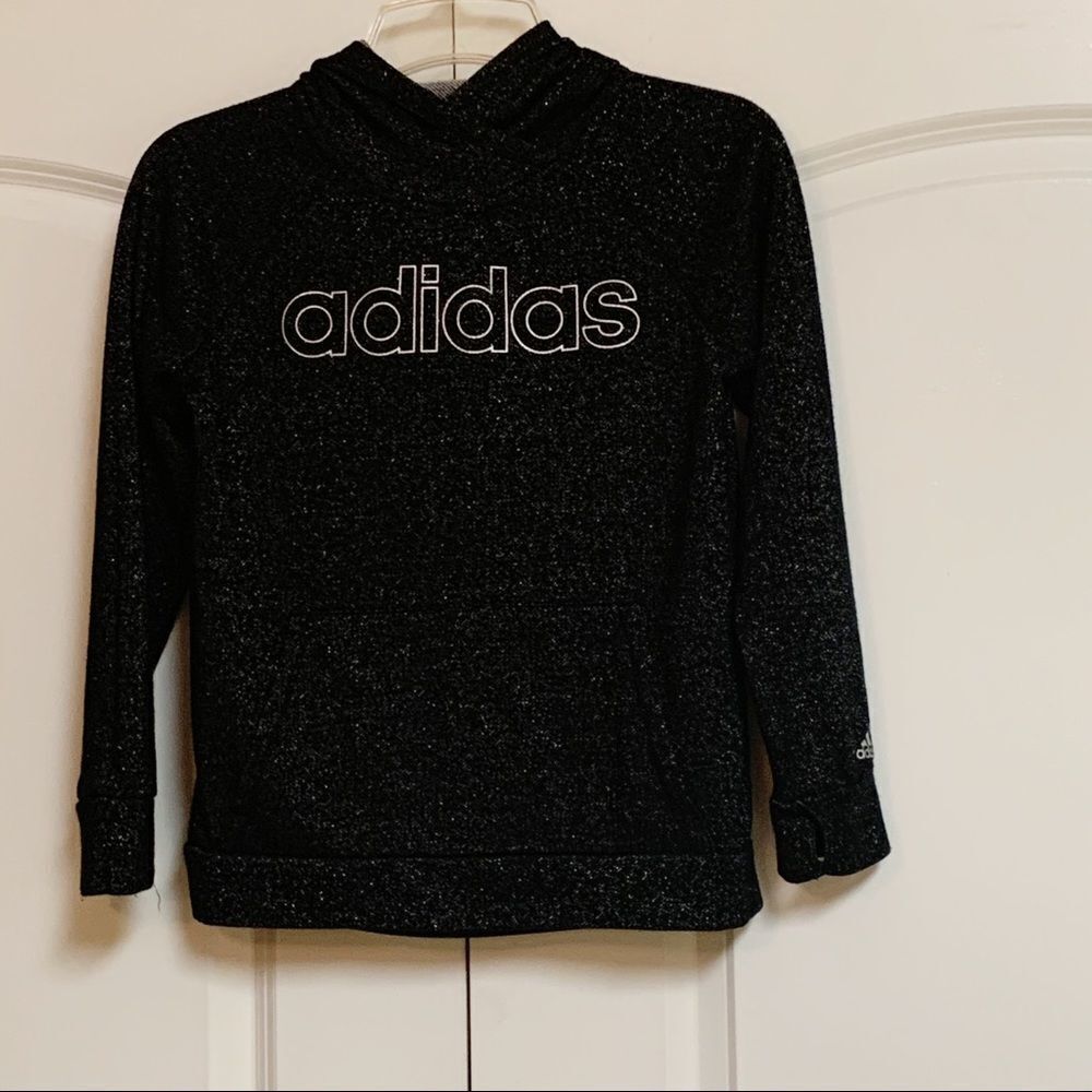 Adidas Black Silver Glitter Metallic Embroidered Logo Hoodie Pullover M 10 12